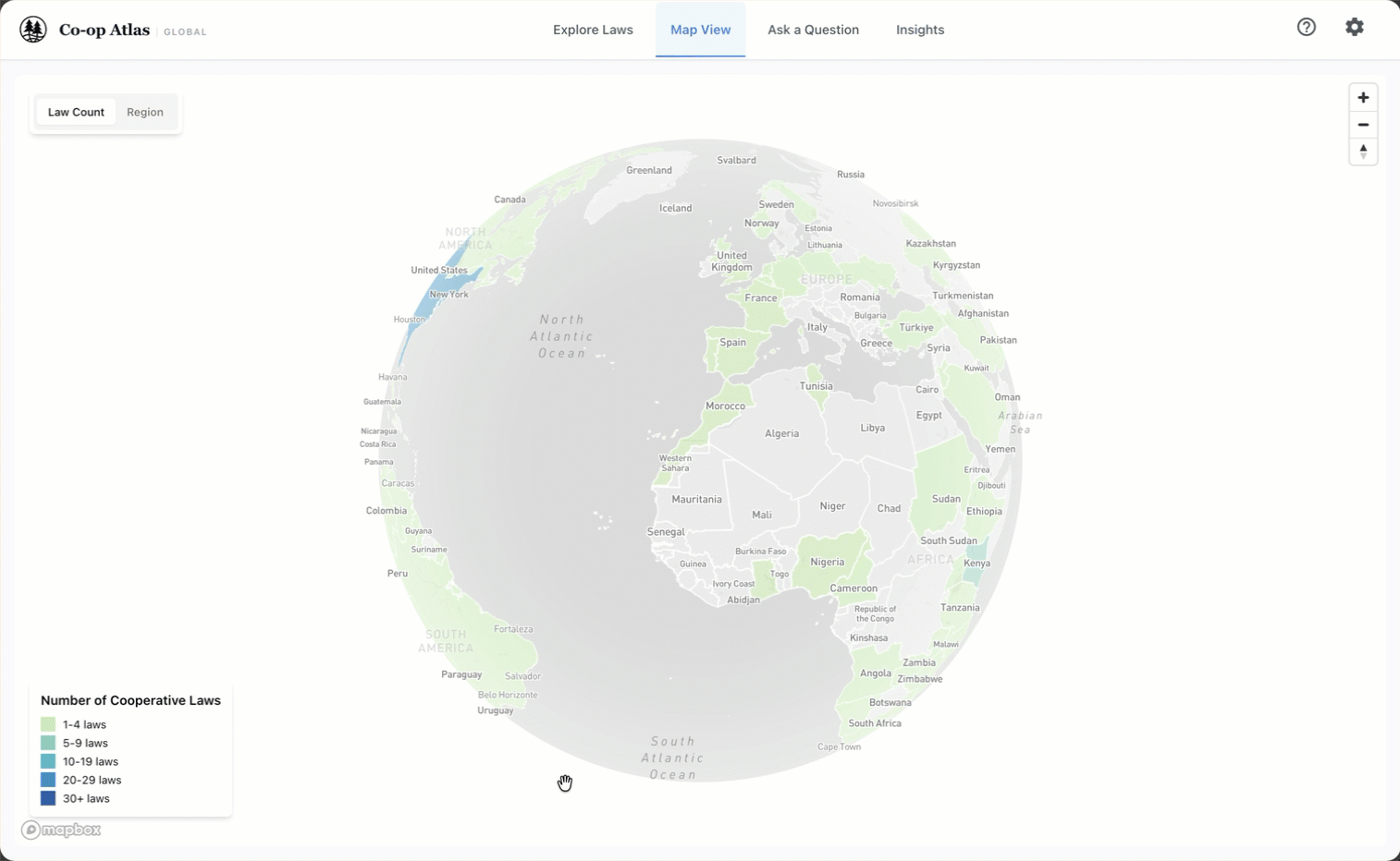 Global Edition world map view showing cooperative law coverage by region.